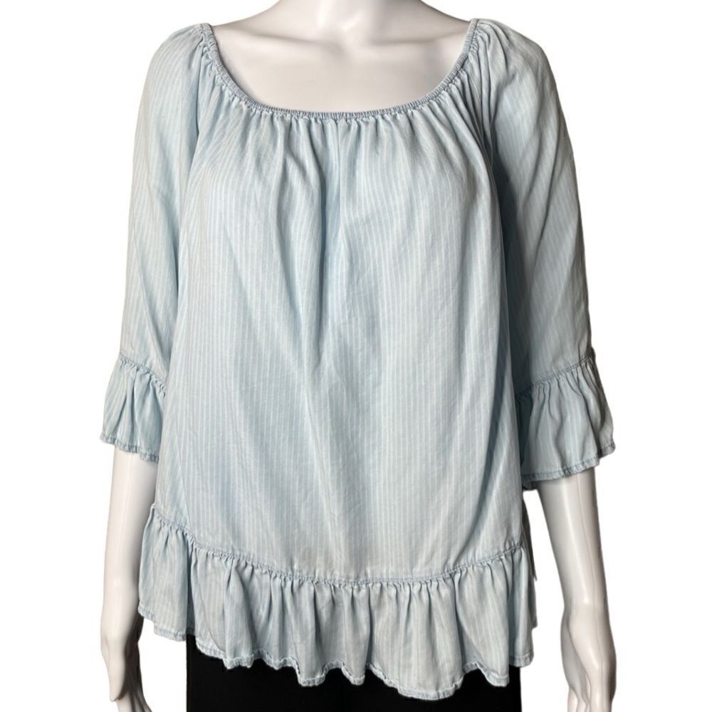 BeachLunchLounge Ruffle Striped 3/4 Sleeve Top Blue and White Size Large